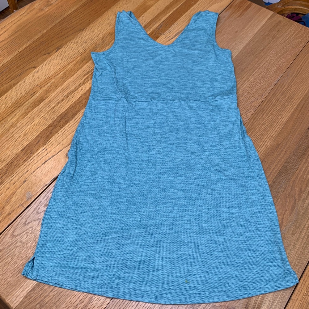 Toad&Co Tech Tomboy Cap Sleeve Dress Blue Space Dye V-Neck Pockets Size Large